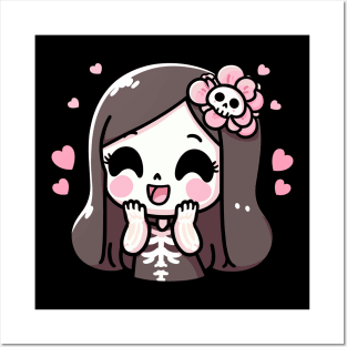 Cute Kawaii Girl in a Skeleton Costume | Kawaii Halloween with Hearts Posters and Art